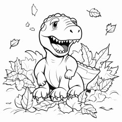 a trex playing in a pile of autumn leaves