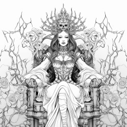 a gothic queen on her throne wearing a crown of thorns surrounded by black roses