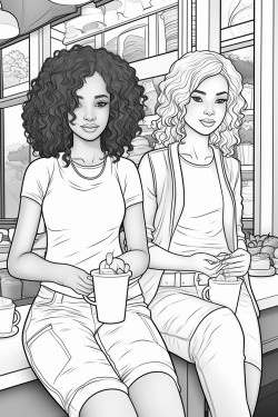please create a coloring page with cute curly hair black girls in coffee shop