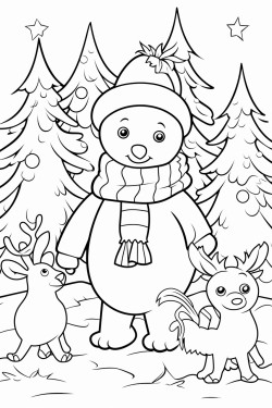 christmas snowman with animals in the forest