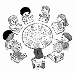 teacher helping a kindergarteners in circle time the space includes learning tools like books puzzles and pencils