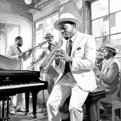 a jazz band performing on stage featuring a white male trumpeter