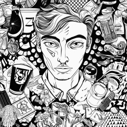 nefarious crime collage with illegal substances filling the background and geometrical designs coloring page