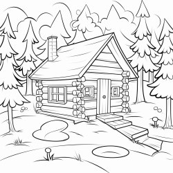 simple blackandwhite coloring page for children of a log cabin under pine trees niji 4