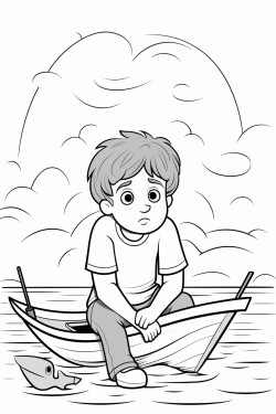 worried boy working in a boat with a big storm