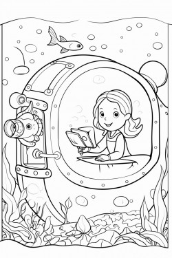 a child in a submarine peering through a window at colorful fish and a sea turtle swimming by