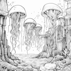 cosmic jellyfish exploring underwater ruins