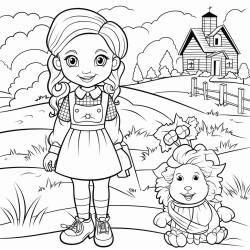 a beautiful country woman with check shirt and a hairbun leaning against a selfmade friendly scarecrow country landscape