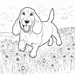 basset hound running through daisies