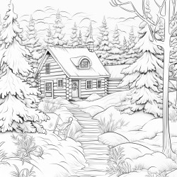 A cozy cabin in a snowy forest