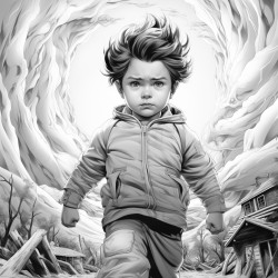 realistic little boy superhero that fights tornados