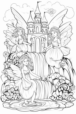cute butterflies mermaids and fairies in a river with a rainbow and a waterfall there is a castle in the background