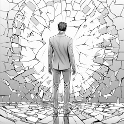 a person standing in front of a large shattered mirror