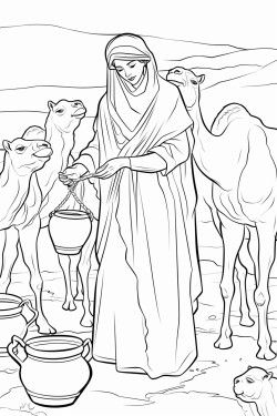 woman drawing water from well for a group of camels