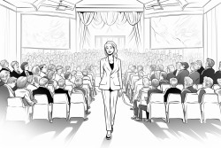 a woman in a suit on stage at a business conference in front of a bunch of people in the audience
