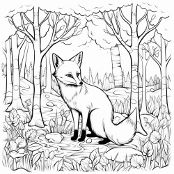 create a blackandwhite coloring page featuring foxes in a wooded area the foxes should have bold outlines with different poses like one resting and another exploring include simple tree and plant details to depict the forest but leave large areas for easy coloring