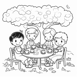 three girls and 2 boys having a tea party under a meatball tree