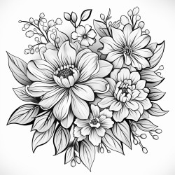 a coloring book page flower bouquet clean white background thick black outline no shadow no shading no grayscale