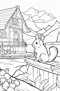 a squirrel switzerland landscape with a quaint stone house surrounded by flowers wooden dock extending into a lake