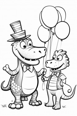 a dancing alligator holding balloons with a dancing zebra at a tea party in a simple coloring book style with low detail