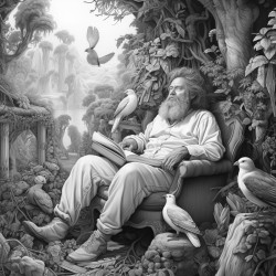 a middle age person lounging in a cypress forest surrounded by cute critters bathed in phytoncides