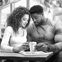 muscular african american man with a beautiful curvaceous caucasian woman having coffee at a coffee shop
