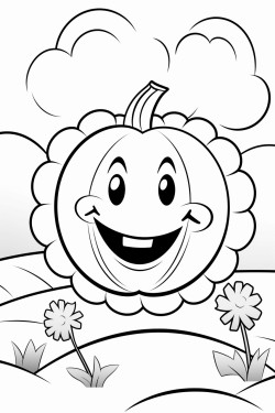 a smiling pumpkin in a field with a sun in the top right corner and a couple of clouds