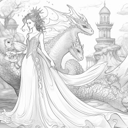 vintage fairy tale scene with a dragon and a woman wearing a crown looking like a dragon long dress with a veil