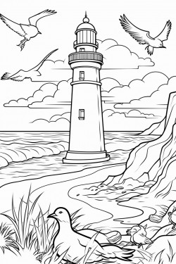 lighthouse on the beach with birds and the ocean in the background