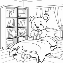 create a scene teddy in bed reading book bedroom has book shelf and leaves vine hanging