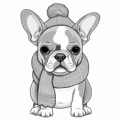 grey angrey and white french bulldog puppy with a grey and pink woolen hat and a pink woolen collar