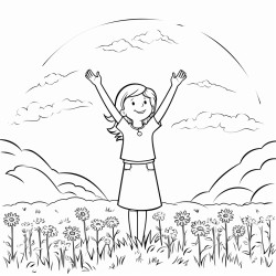 a girl in a meadow with her hands up in praise coloring page with and without color in same image black and white line art white background simplicity ample white space