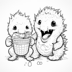 create a ice cream with two scoops with sharp teeth and arms and legs eating a kiwi with arms and legs