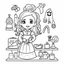 generate black and white coloring book for kids in cartoon style profession hairdresser