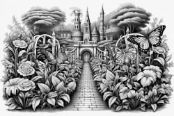 a complex labyrinth set in a garden with flowers and butterflies along the path