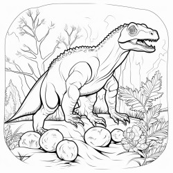 iguanodon in a forrest with a nest of eggs