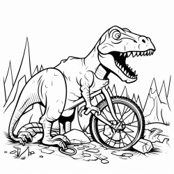 dinosaur next to crashed bicycle