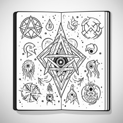 a wizards spellbook with norse runes magical creatures and alchemy symbols