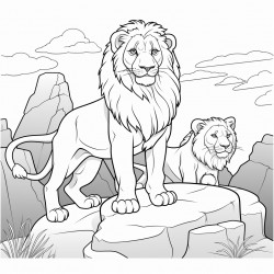 a lion and a lioness standing on a big rock