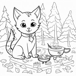 a cat cooking in the forest