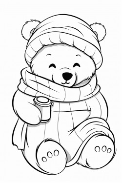 think outline cartoon style bear in pajamas and a sleeping cap drinks tea with honey