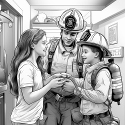 firefighter showing kids how to test a smoke detector