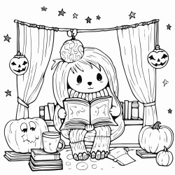 a cute ghost in fuzzy socks reads a book sipping tea in a cozy bedroom with string lights cobwebs and fall decor