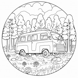 a camper van parked in a dense forest with wild animals around it