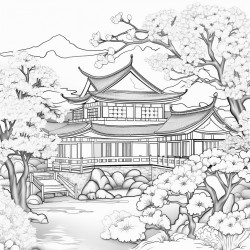 cherry blossom in japan with a house