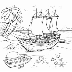 treasure in a beach with pirate boats sailing in a lake behind