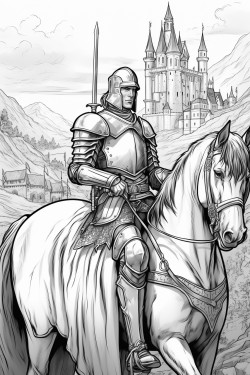 medieval knight in a fantasy setting on horse with sword and shield