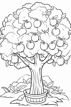 apple tree with a basket in front of it