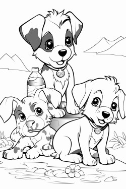 18 puppies playing with some drinking bottles