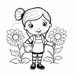 a little girl in a garden holding a sun flower with a gaint bee on it
